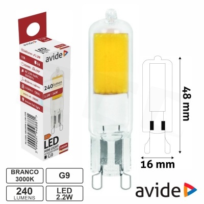 lâmpada LED mini G9 avide branca 3000K 240 lúmens 2.2W com embalagem