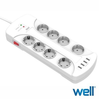 Filtro de linha branco com 8 tomadas redondas e 4 portas USB da marca Well