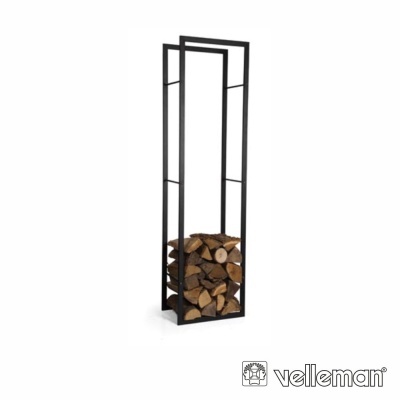 Suporte de lenha em metal preto com lenha e logótipo Velleman