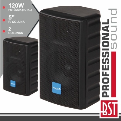 Colunas profissionais negras com grelha metálica frontal e detalhes em azul