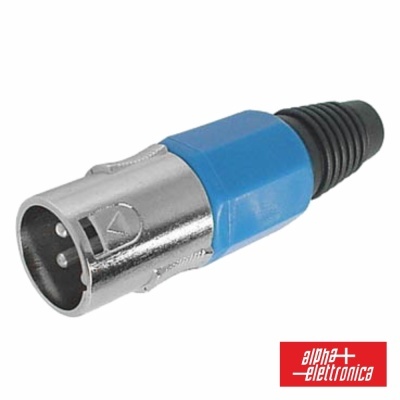 Conector XLR macho azul e metálico com logótipo alpha elettronica