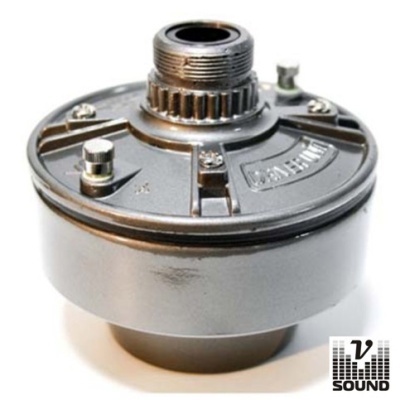 Peça mecânica metálica cinza prateada com parafusos e logótipo V SOUND.