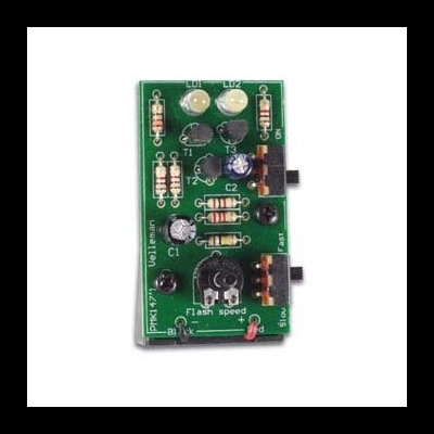 Placa eletrónica verde com resistores, capacitores, transístores e LEDs