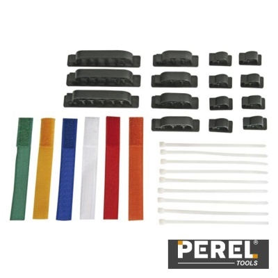Conjunto de acessórios para organização de cabos com suportes pretos, tiras de velcro coloridas e braçadeiras brancas.