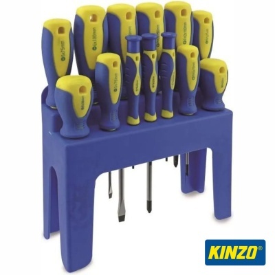 Conjunto de chaves de fendas e philips com cabos amarelos e azuis num suporte azul KINZO