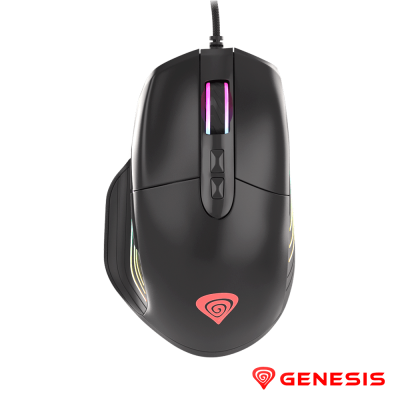 Rato de computador preto com iluminação LED colorida e logo Genesis vermelho