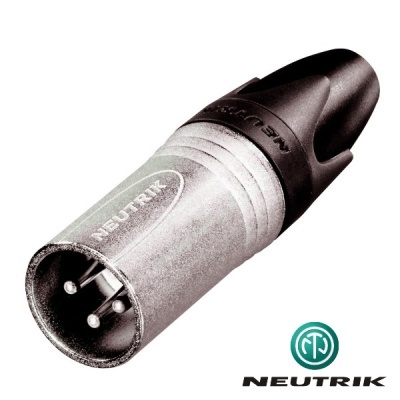 Conector XLR macho prateado e preto da marca NEUTRIK