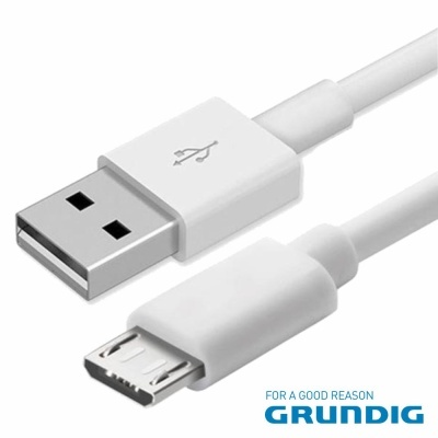 Cabo USB branco com conector USB-A e micro-USB com logo GRUNDIG