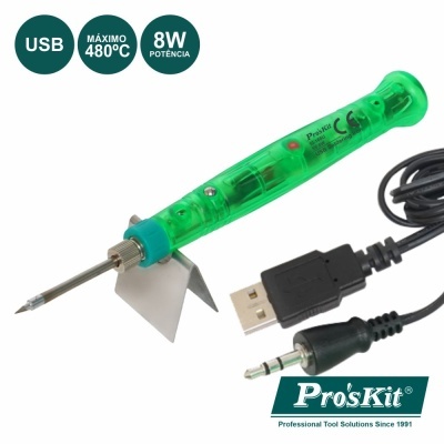 Ferro de soldar USB verde com cabo preto e garra metálica Pro'sKit