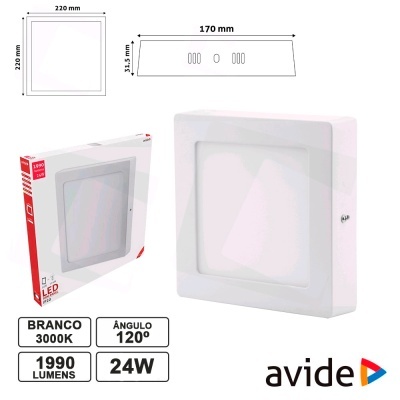 Luminária LED de teto quadrada branca Avide com especificações técnicas