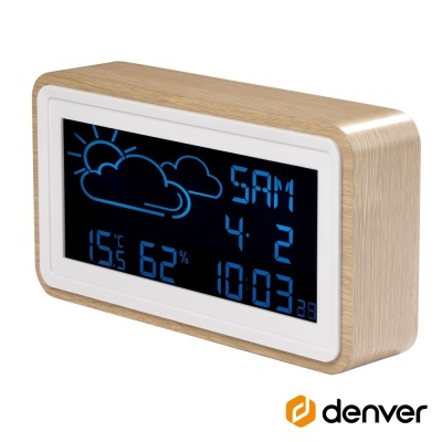 Relógio digital com ecrã azul e caixa madeira clara