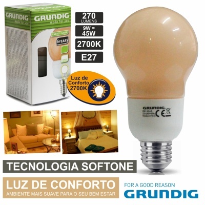 Lâmpada LED Grundig ambar com embalagem verde e branca e luz suave em quartos