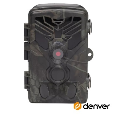 Câmara exterior preta com padrão camuflado e visor vermelho