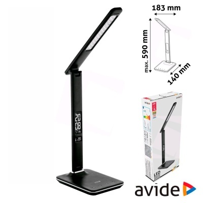 Candeeiro de secretária preto ajustável com display digital e embalagem avide