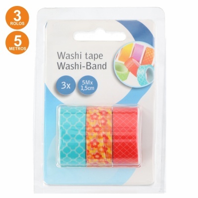 Pacote com 3 rolos de Washi tape coloridas em embalagem de plástico