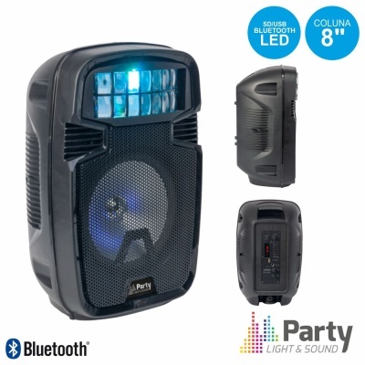 Coluna de som preta Party Light & Sound com LED azul e conectividade Bluetooth