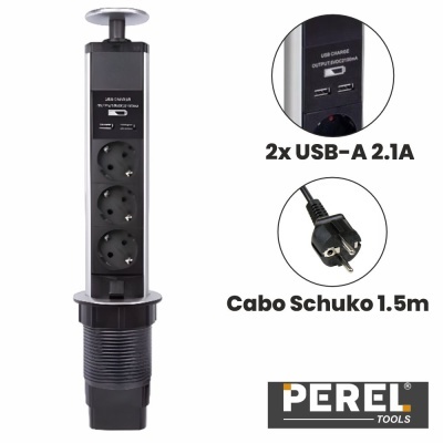 Tomada embutida tripla Schuko com USB da marca Perel Tools