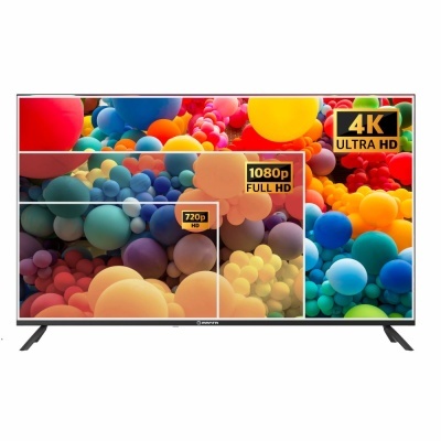 Televisor colorido com esferas e indicações de resolução 4K, Full HD, HD