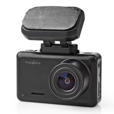 Dashcam preta com lente proeminente e suporte adesivo