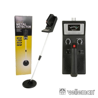 Detector de metais Velleman preto com haste metálica ajustável e painel com medidor analógico