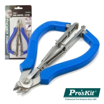 Alicate azul para cortar e desencapar fios em embalagem com cartão