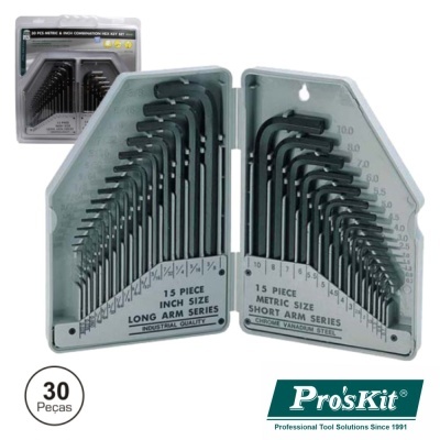 Conjunto de chaves Allen Pro'sKit em estojo cinzento aberto, 30 peças.