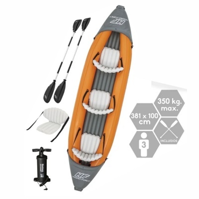 Caiaque insuflável laranja e cinzento com três assentos brancos e acessórios