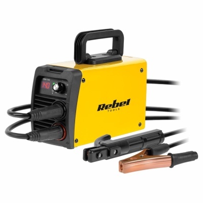 Aparelho de soldadura Rebel Tools amarelo e preto com cabos e acessórios