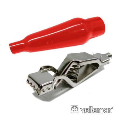 Pinça de crocodilo metálica com capa isolante vermelha e logótipo velleman