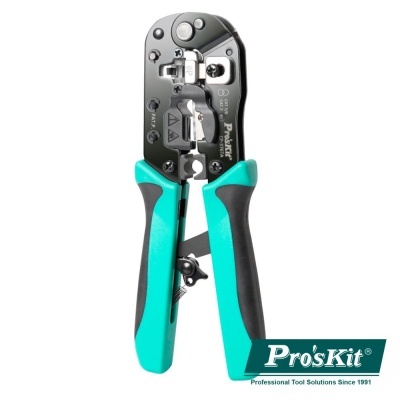 Alicate de cravar Pro'sKit com punhos verde e preto e corpo metálico preto