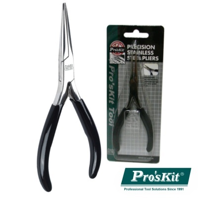 Alicate de precisão de aço inoxidável com cabos pretos e embalagem