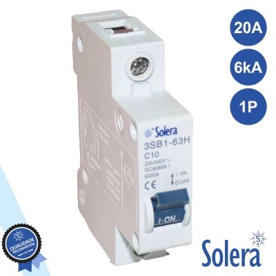 Disjuntor elétrico branco Solera com interruptor azul e texto técnico