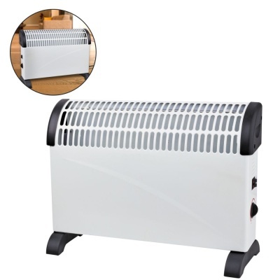 Aquecedor elétrico branco com grelha preta e pés pretos