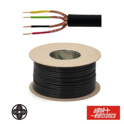 Rolo de cabo elétrico preto com fios expostos em bobina