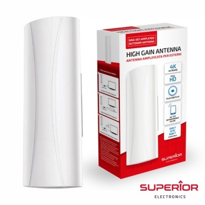 Antena exterior amplificada branca com embalagem em caixa branca e vermelha com textos técnicos.