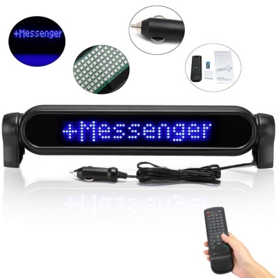 Display LED retangular com texto '+Messenger' e comando remoto