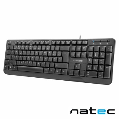 Teclado preto da marca Natec com teclas QWERTY e teclado numérico