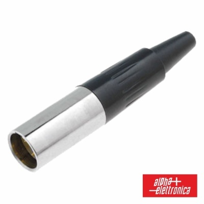 Conector XLR metálico e plástico sobre fundo branco com logótipo alpha elettronica