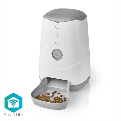 Dispensador automático de comida para animais branco e cinzento com tabuleiro com ração, logotipo SmartLife