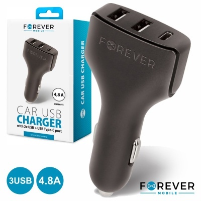 Carregador USB para carro preto da marca FOREVER MOBILE com 3 portas