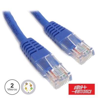 Cabo de rede Ethernet azul com conectores RJ45 e logótipo alpha elettronica