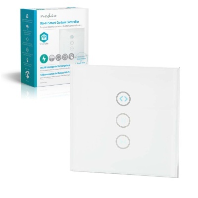 Comando de cortinas inteligente Wi-Fi Nedis branco com três botões e caixa azul e branca
