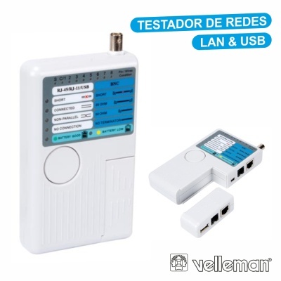 Testador de redes LAN e USB branco com rótulo azul e branco e acessório removível preto.