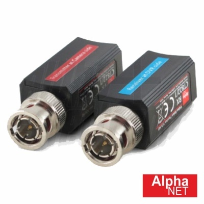 Dois adaptadores de vídeo preto com conectores BNC e etiquetas vermelha e azul em fundo branco com logótipo Alpha NET