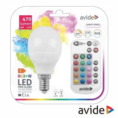 Lâmpada LED mini globo com comando remoto RGB+W da avide em embalagem colorida