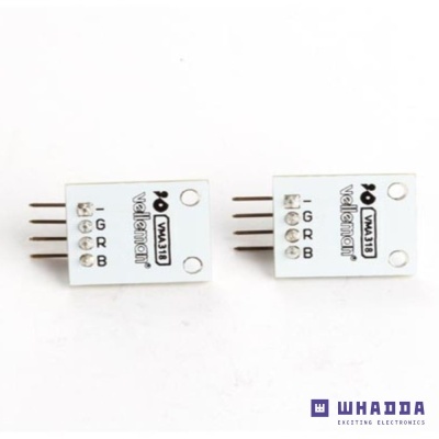 Dois sensores eletrónicos brancos com três pinos e texto impresso da marca WHADDA sobre fundo branco.