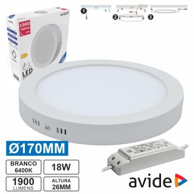 Luz LED redonda branca com fonte e embalagem avide.