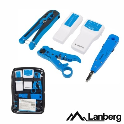 Kit de ferramentas para cabos de rede Lanberg em azul e branco com mala de transporte preta