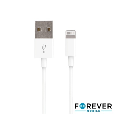 Cabo USB branco com conetores USB-A e Lightning com fundo branco