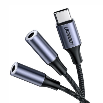 Adaptador cabo áudio UGREEN USB-C para duas entradas jack 3,5 mm cinza metal e cabo trançado preto